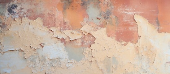 Closeup shot of a weathered wood wall with peeling brown paint, showcasing a rustic and artistic...