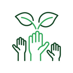 Obraz premium eco volunteering icon with open hands and leaves, vector thin line illustration for environmental activism, community service, and green initiatives