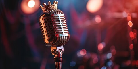 Retro microphone with golden crown on stage background.