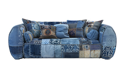 Eclectic and Bohemian Patchwork Denim Sofa, Transparent Background PNG
