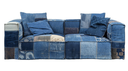 Eclectic and Bohemian Patchwork Denim Sofa, Transparent Background PNG