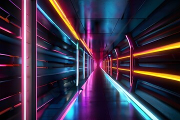 Neon tunnel light corridor. Endless optical illusion portal. Glowing lines virtual reality pathway...