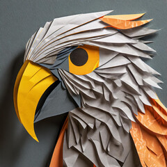 Stylized Cut paper sculpture of a bird - gold gray and orange. Origami style animal sculpture. - obrazy, fototapety, plakaty