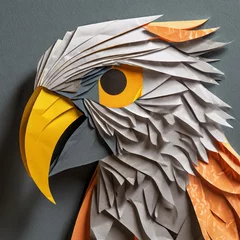 Fotobehang Stylized Cut paper sculpture of a bird - gold gray and orange. Origami style animal sculpture. © Hoss