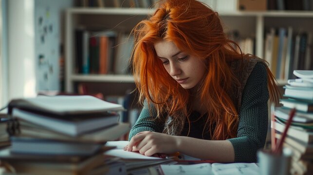 Immersed in Imagination, wide-angle shot of the red-haired girl as she sits at the table, completely immersed in her writing, surrounded by stacks of books and journals, generative AI