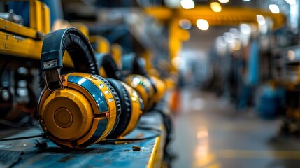 Protective headphones on machinery in an industrial setting