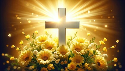 An artistic representation of a Christian cross glowing with radiant light, surrounded by vibrant yellow flowers, conveying a message of faith, hope, and resurrection. - obrazy, fototapety, plakaty