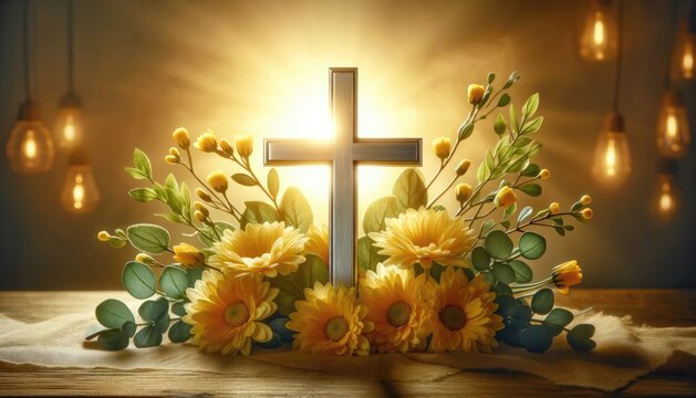 An artistic representation of a Christian cross glowing with radiant light, surrounded by vibrant yellow flowers, conveying a message of faith, hope, and resurrection.