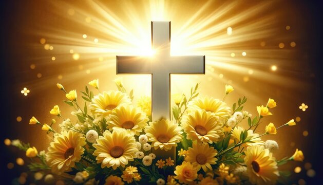 An artistic representation of a Christian cross glowing with radiant light, surrounded by vibrant yellow flowers, conveying a message of faith, hope, and resurrection.