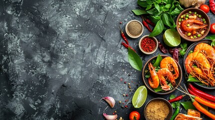 Asian food background with various ingredients on rough stone background, top view. Thai food.
