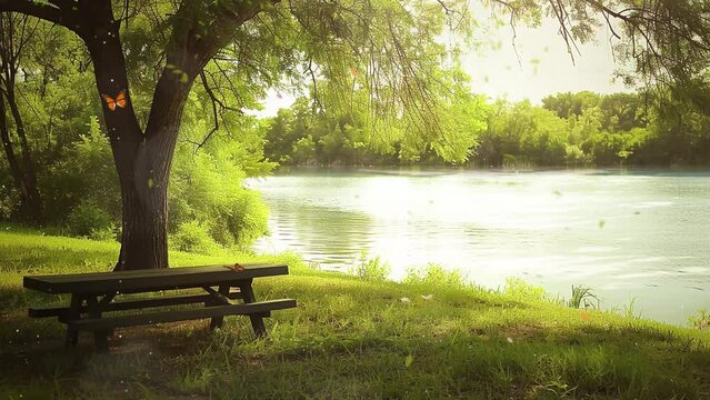 cozy picnic spot under a tree. picnic by the lake a peaceful picnic spot by a calming lake. seamless looping overlay 4k virtual video animation background