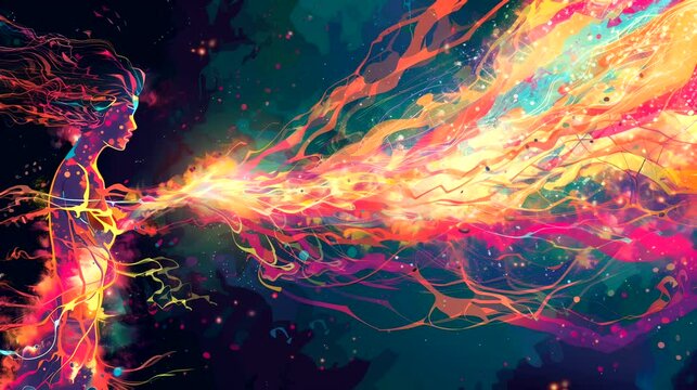Silhouette of female body with colorful aura. Fantasy landscape anime or cartoon style, looping 4k video animation background