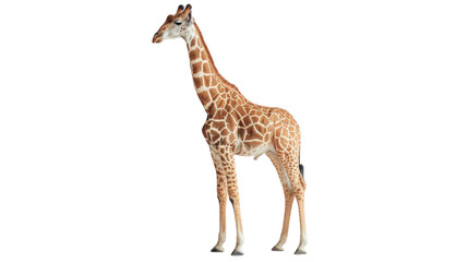 An elegant giraffe stands tall and isolated against a stark black background, showcasing its patterned skin and long neck