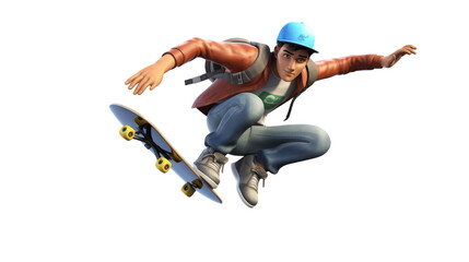 Dynamic 3D Cartoon Skateboarder Performing Tricks with Transparent Background PNG