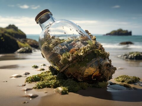 A cryptic message in a bottle rests on the sandy beach
