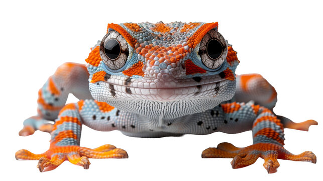 A charming image of a gecko with a seemingly smiling expression, featuring its bright colored textures, making it engaging and lively on a white backdrop