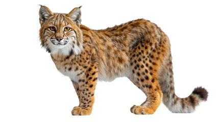 Fototapeta premium A striking image capturing the essence of the wild Eurasian lynx in a full-body profile view, isolated on a crisp white background for clarity