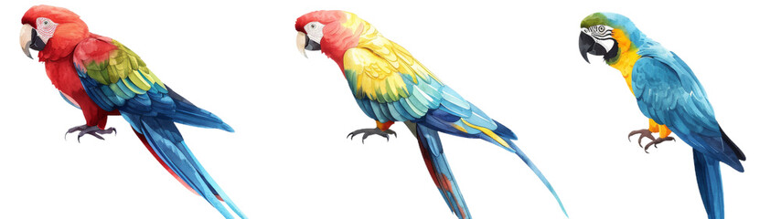 Collection of three artistically painted parrots, each exhibiting a unique pose and a spectrum of vivid colors, set on a white background