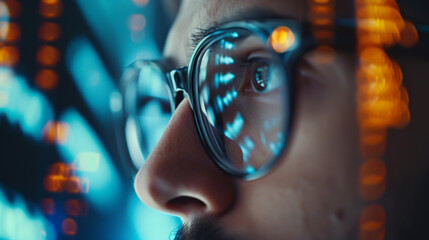 Future city network concept Close-up image of the eye Business woman looks at the future world