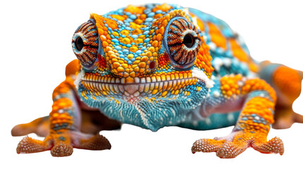 A vibrant panther chameleon showcases its distinctive multicolored scales and intense gaze against a white background