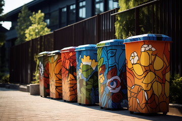 Waste separation bins of different colors and designs outdoors. IA generative