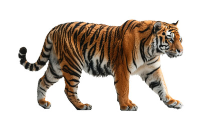 A formidable Bengal tiger strides confidently, displaying its powerful physique and distinctive stripes