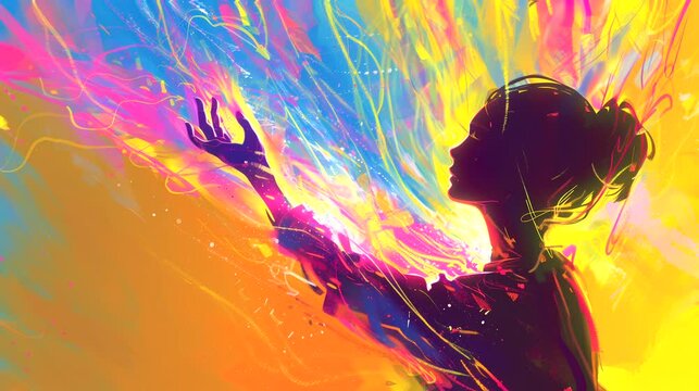 Silhouette of female body with colorful aura. Fantasy landscape anime or cartoon style, looping 4k video animation background