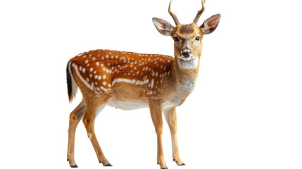 A detailed representation of a spotted deer with prominent antlers against a white background showcases the beauty of this forest animal