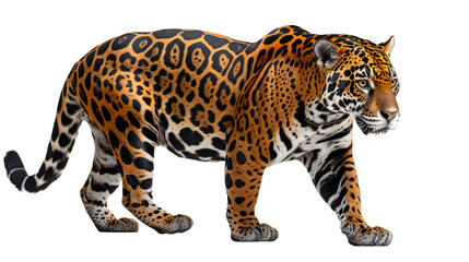 Capture the majestic yet stealthy walk of a jaguar, rendered in lifelike detail and presented against a stark white background