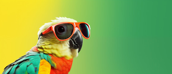 Parrot with glasses on a beautiful background. Generative AI. P003
