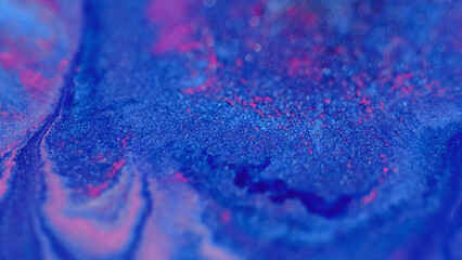 Glitter paint splash. Ink mix. Blur vibrant blue pink color glowing sparkling bokeh light texture emulsion gloss flow abstract art background. - obrazy, fototapety, plakaty