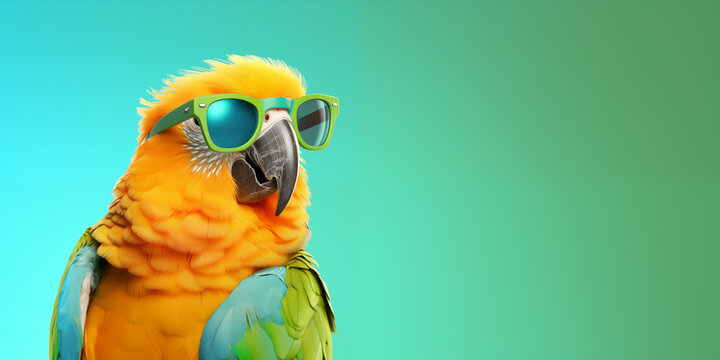 Parrot with glasses on a beautiful background. Generative AI. P002