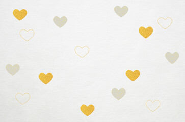 Washi paper texture with golden hearts. Luxury abstract japanese style background.