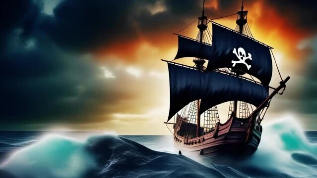 sailing ship sailing on sea, black pirate flag with bone and skull on flagpole. Generative AI