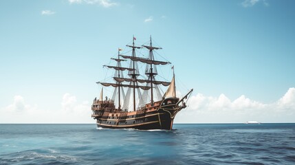 pirate ship on an open sea with light blue sky