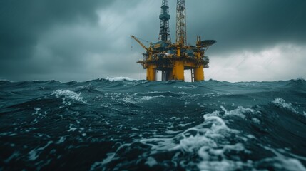 Offshore oil rig standing resilient against the stormy ocean waves - obrazy, fototapety, plakaty