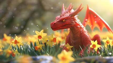 Red Welsh dragon and daffodils, generative ai - obrazy, fototapety, plakaty