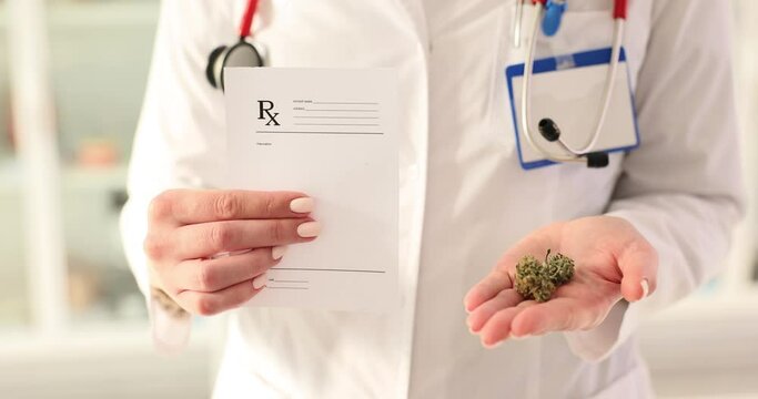 Medic shows prescription for medical cannabis in clinic