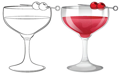 Empty and filled cocktail glasses with cherries