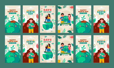 happy earth day social media stories vector flat design set