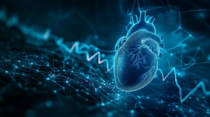 Digital illustration of a human heart with blue electric pulses on a network background. - obrazy, fototapety, plakaty