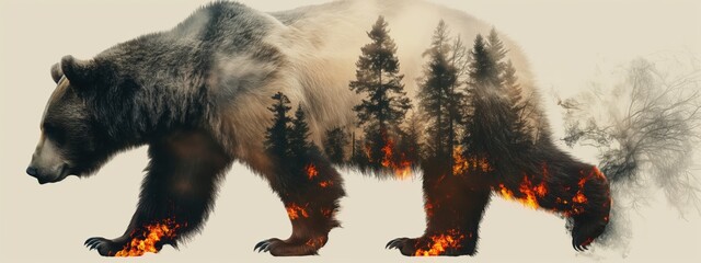 Double exposure of a bear silhouette with forest and fire elements, conceptual art.