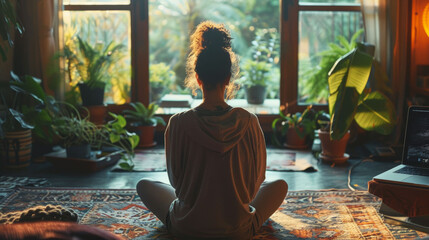 Person meditating in a serene home filled with lush indoor plants. - obrazy, fototapety, plakaty