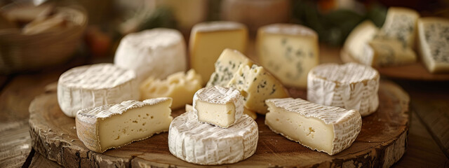 Variety of gourmet cheeses on rustic wooden boards.