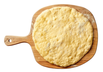 Wooden board with dough isolated on transparent background, top view