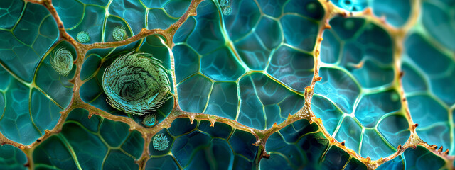Magnified plant tissue revealing intricate cell patterns and blue hues.