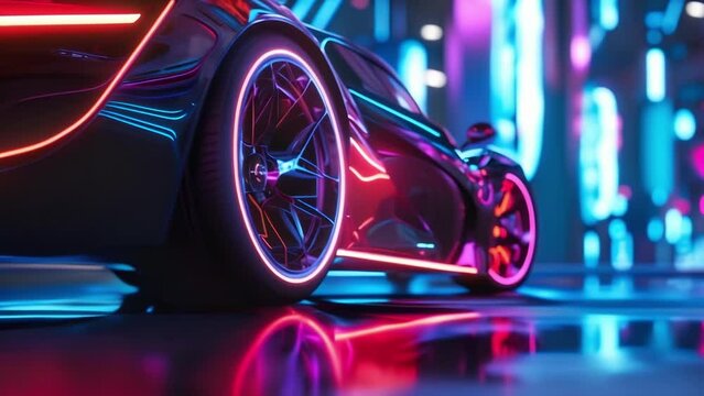 The camera moves in close to reveal the intricate patterns and designs that the neon lights create on the stationary wheel of a car hinting at the potential for a thrilling