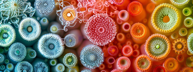 Colorful illustration of varied microscopic life forms in detail. - obrazy, fototapety, plakaty