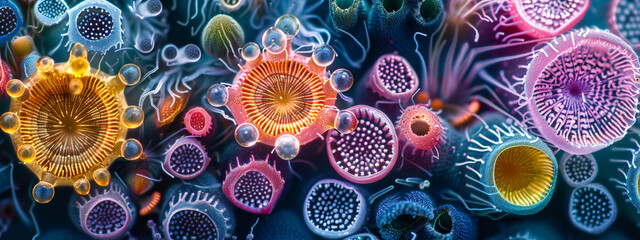 Colorful illustration of various microscopic organisms.