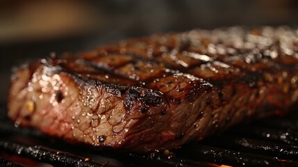  Grilled steak on a dark surface with grill marks.